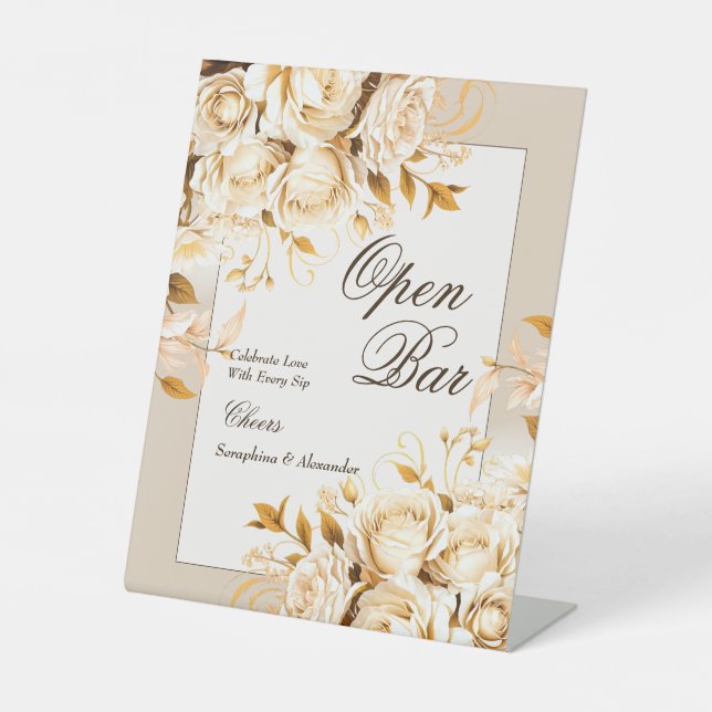 Elegant Gold Ivory Floral Wedding Bar Tabletop Sockelschild (Vorderseite)