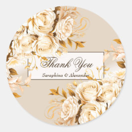 Elegant Gold & Ivory Floral Wedding Vielen Dank Runder Aufkleber