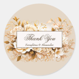 Elegant Gold & Ivory Floral Wedding Vielen Dank Runder Aufkleber