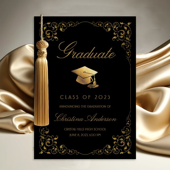 Elegant Gold Ivy Grad Cap Black Abschluss Ankündigung (Gold Ivy Leaf on Black Graduation Announcement)
