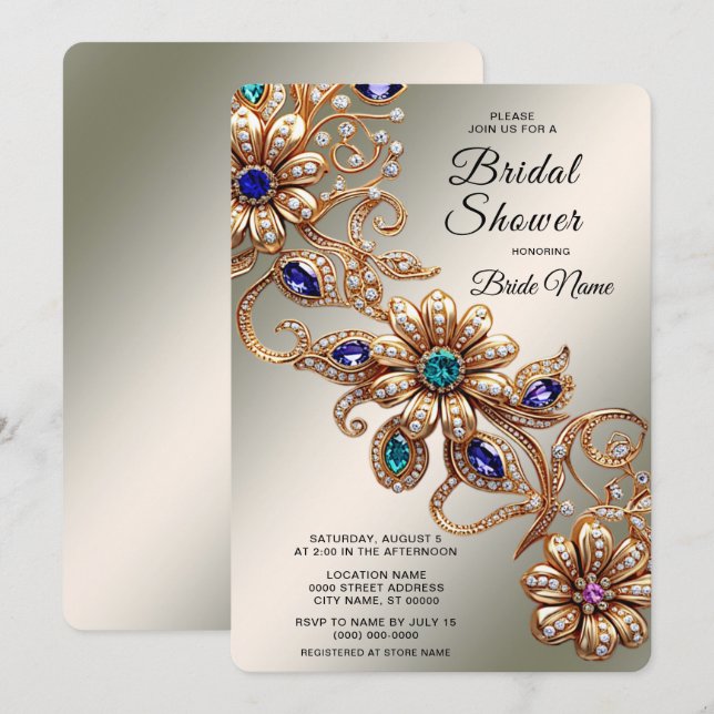 Elegant Gold Jewel Flowers Bridal Shower Einladung (Vorne/Hinten)