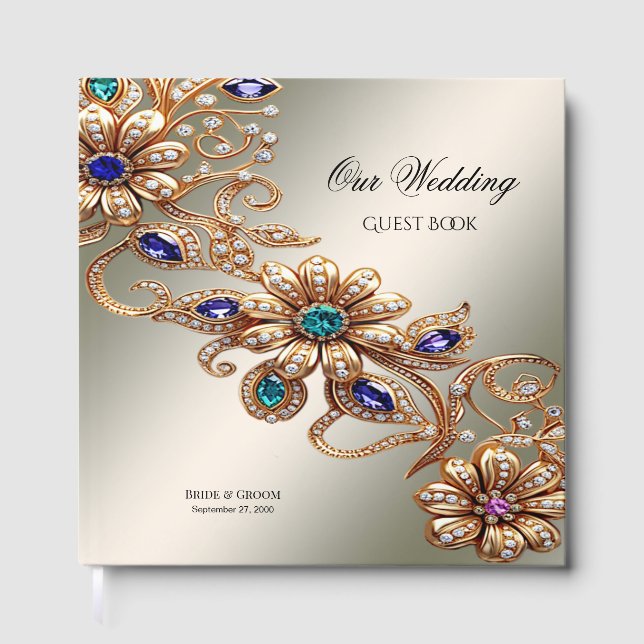 Elegant Gold Jewel Flowers Guest Book Gästebuch (Vorderseite)