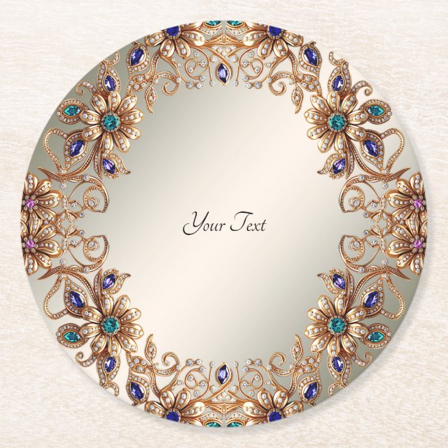 Elegant Gold Jewel Flowers Paper Coaster Runder Pappuntersetzer (Vorderseite)