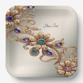Elegant Gold Jewel Flowers Paper Plate Pappteller