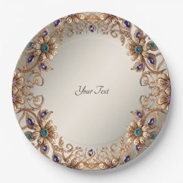 Elegant Gold Jewel Flowers Paper Plate Pappteller