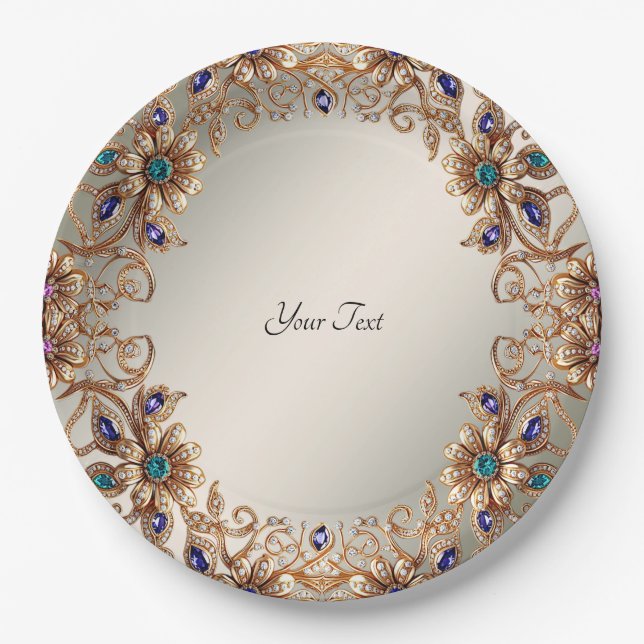Elegant Gold Jewel Flowers Paper Plate Pappteller (Vorderseite)
