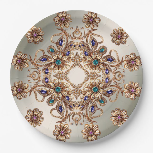 Elegant Gold Jewel Flowers Paper Plate Pappteller (Vorderseite)