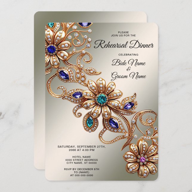 Elegant Gold Jewel Flowers Rehearsal Dinner Einladung (Vorne/Hinten)