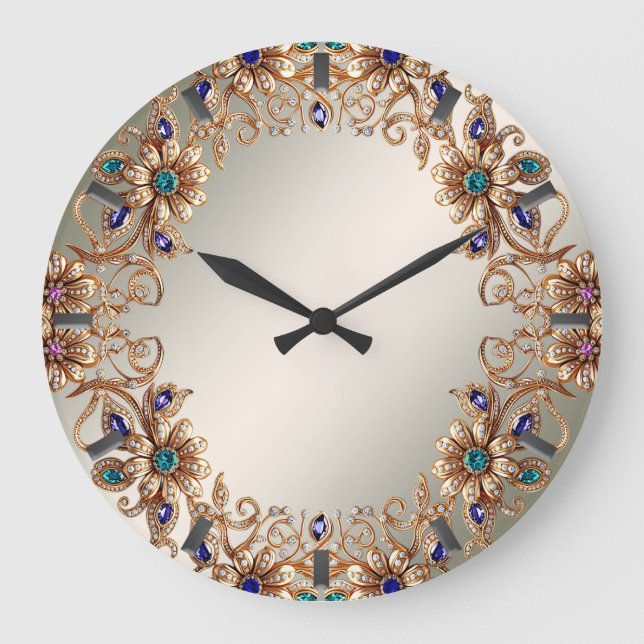 Elegant Gold Jewel Flowers Wall Clock Große Wanduhr (Vorderseite)