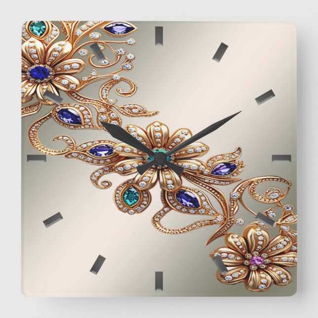 Elegant Gold Jewel Flowers Wall Clock Quadratische Wanduhr (Vorderseite)