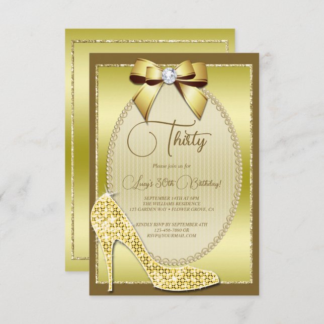 Elegant Gold Jeweld Bow & Stiletto Birthday Einladung (Vorne/Hinten)