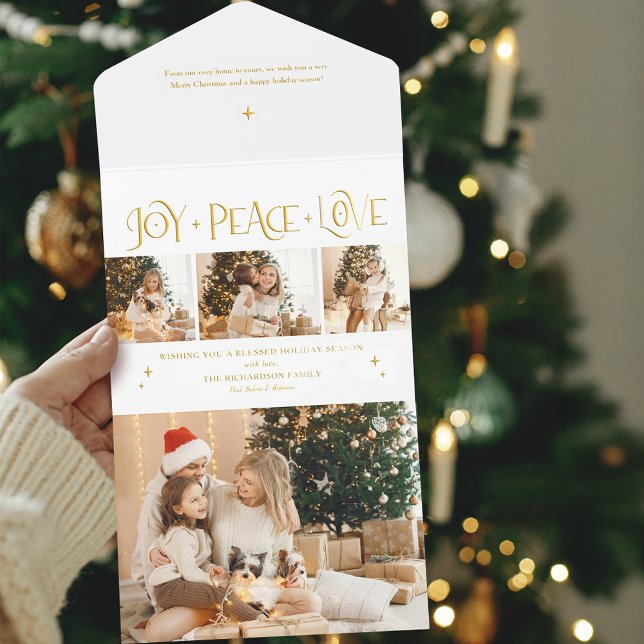 Elegant Gold Joy Peace Love Script 3-Photo All-in-One-Einladung (Von Creator hochgeladen)