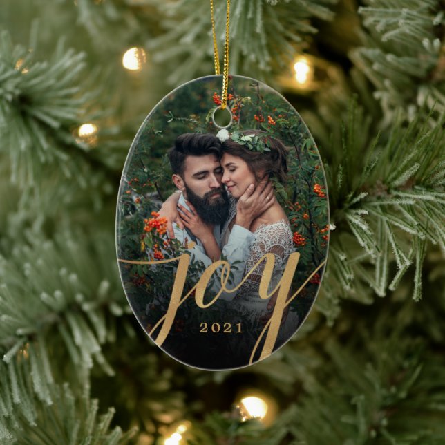 Elegant Gold Joy Script Foto Weihnachten  Keramik Ornament (Baum)
