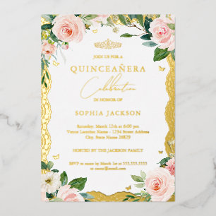 Elegant Gold Lace Blush Pink Floral Quinceanera Folieneinladung