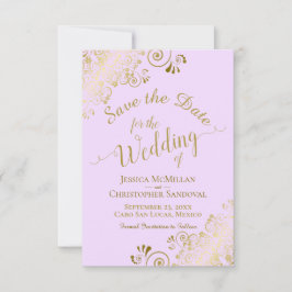 Elegant Gold Lace Filigree auf Lilac Lila Wedding Save The Date