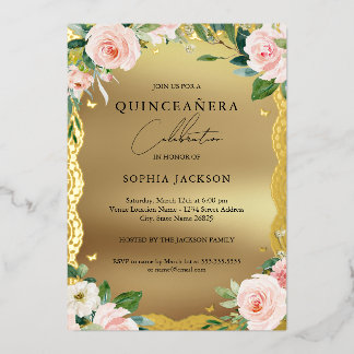 Elegant Gold Lace Pink Floral Quinceanera Folieneinladung