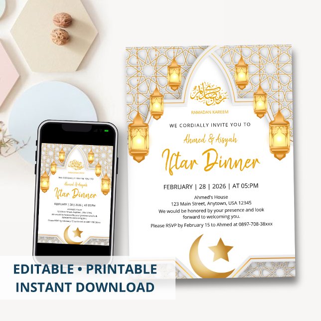 Elegant Gold Lantern & White Geometric Arch Iftar  Einladung (Von Creator hochgeladen)