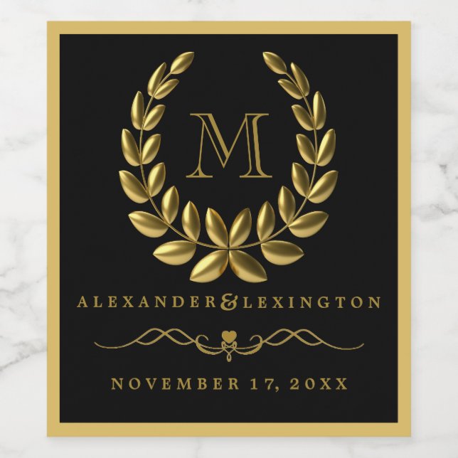 Elegant Gold Laurel Wreath und Monogram Wedding Weinetikett (Einzelnes Label)