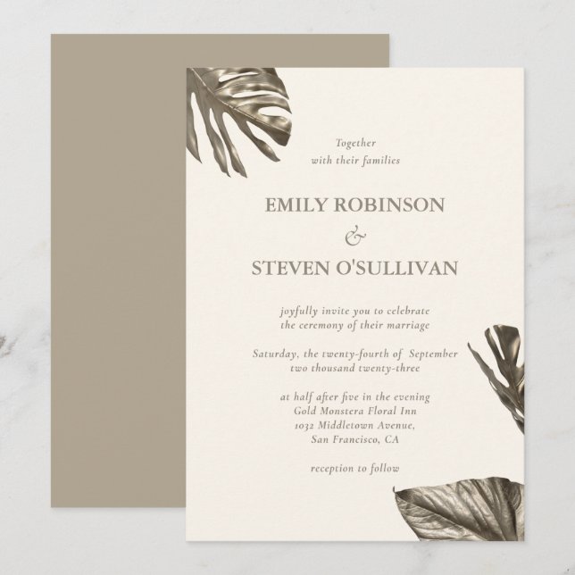 Elegant Gold Leaf Champagne Ivory Wedding Einladung (Vorne/Hinten)