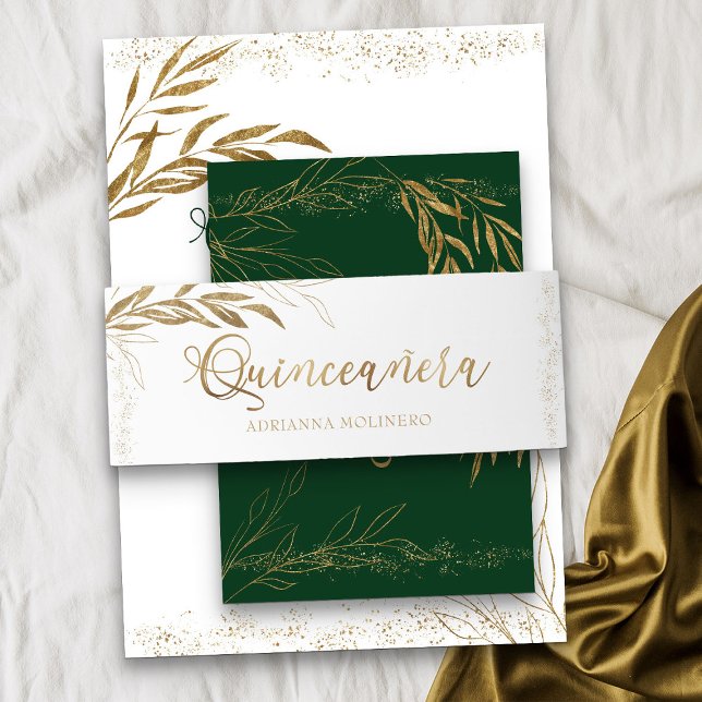 Elegant Gold Leaf Confetti Quinceanera Einladungsbanderole (White Quinceanera invitation belly band from my Gold Leaf Quinceanera Collection)