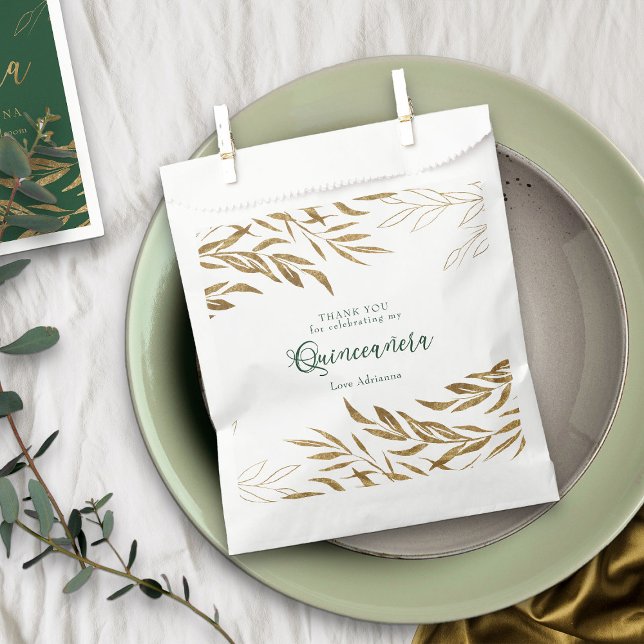 Elegant Gold Leaf Emerald Green Quinceanera Geschenktütchen (Emerald Green Quinceanera favor bags from my Gold Leaf Quinceanera Collection)
