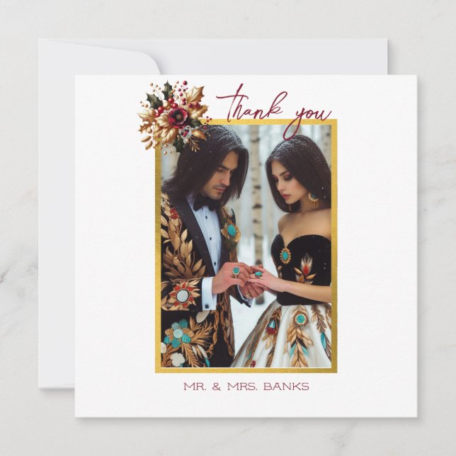 Elegant Gold Leaf Hochzeitfoto Dankeschön Karte (Vorderseite)