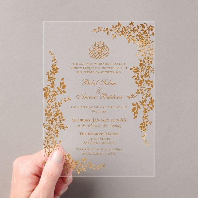 Elegant Gold Leaf Islamische Hochzeit Acryleinladungen (Insitu (Handheld))