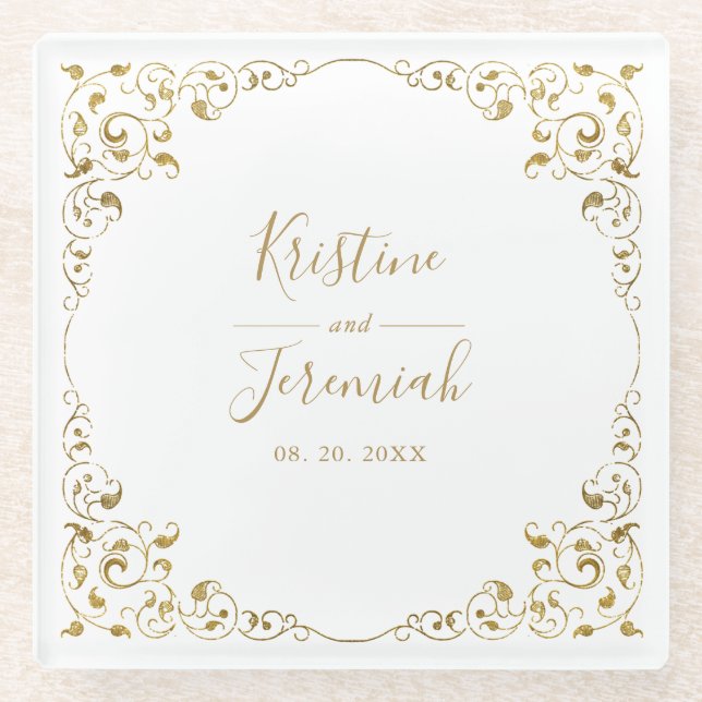 Elegant Gold Leaf Script Name Wedding Glasuntersetzer (Vorderseite)
