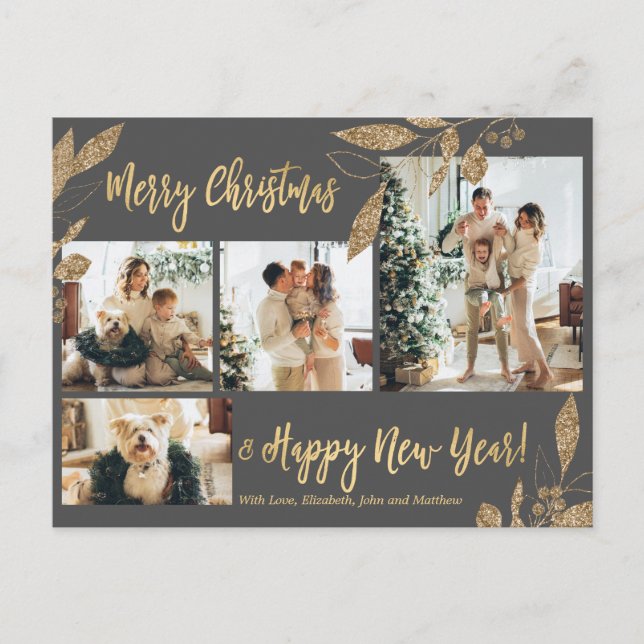 Elegant Gold Leafe 4 Foto Collage Weihnachten Postkarte (Vorderseite)
