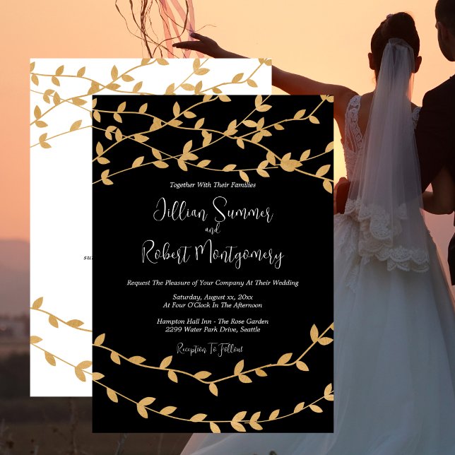 Elegant Gold Leaves Black and White Wedding Einladung (Elegant Gold Leaves Black and White Wedding Invitation with RSVP)