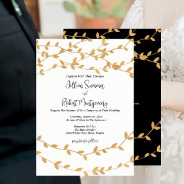 Elegant Gold Leaves Black White Wedding Einladung
