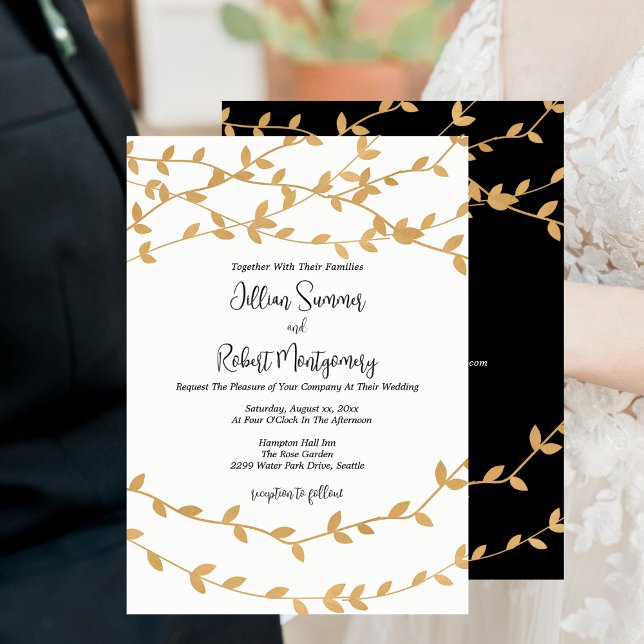 Elegant Gold Leaves Black White Wedding Einladung (Elegant Gold Leaves Black White Wedding Invitation with RSVP)