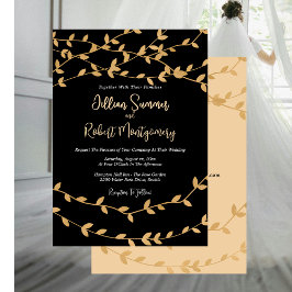 Elegant Gold Leaves with Black Wedding Invitation Einladung