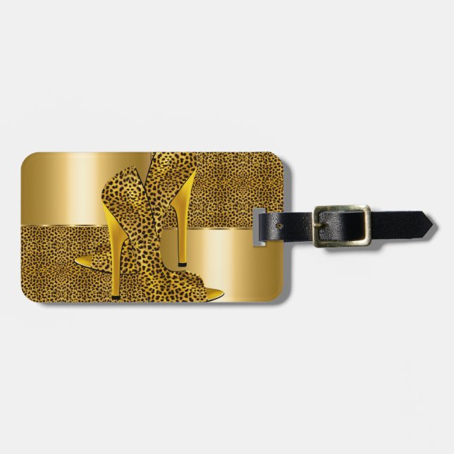 Elegant Gold Leopard High Heel Shoes Animal Gepäckanhänger (Vorderseite horizontal)