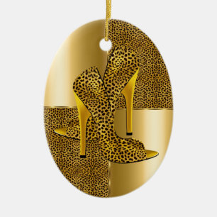 Elegant Gold Leopard High Heel Shoes Animal Keramik Ornament