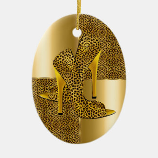 Elegant Gold Leopard High Heel Shoes Animal Keramik Ornament