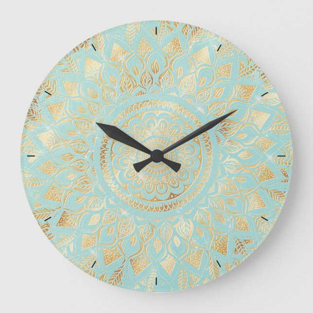 Elegant Gold Light Teal Mandala Floral Große Wanduhr (Vorderseite)