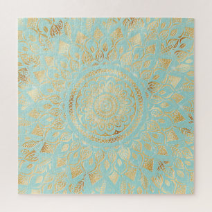 Elegant Gold Light Teal Mandala Floral Puzzle