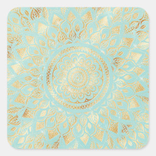 Elegant Gold Light Teal Mandala Floral Quadratischer Aufkleber