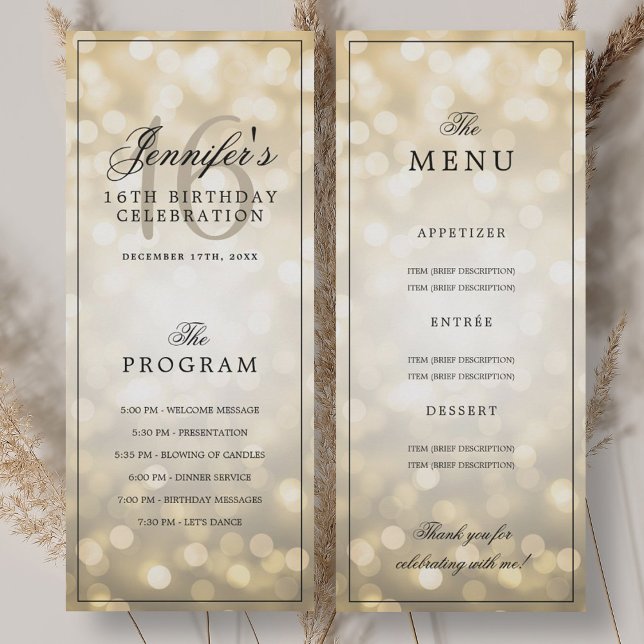 Elegant Gold Lights 16th Birthday Program Menu  Einladung (Elegant Gold Lights 16th Birthday Program Menu )