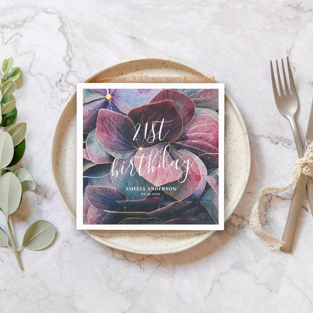 Elegant Gold Lila Blue Hydrangeas 21. Geburtstag Serviette (Von Creator hochgeladen)