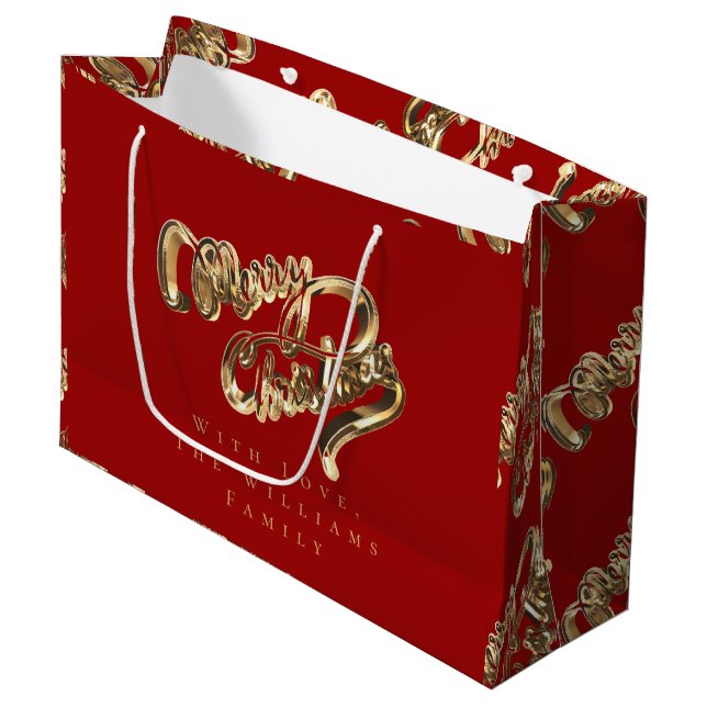 Elegant Gold Look Script Frohe Weihnachten Rot Große Geschenktüte (Vorderseite Schrägansicht)