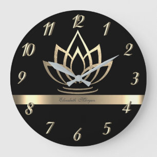 Elegant Gold Lotus, Yoga Black Große Wanduhr