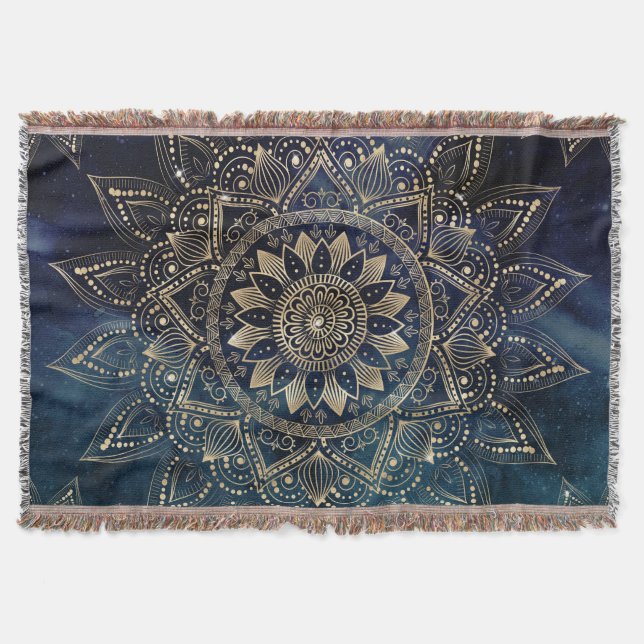 Elegant Gold Mandala Blue Galaxy Decke (Vorderseite)