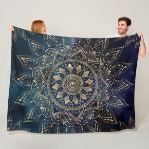 Elegant Gold Mandala Blue Galaxy Fleecedecke