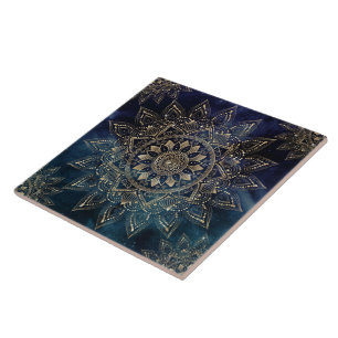 Elegant Gold Mandala Blue Galaxy Fliese