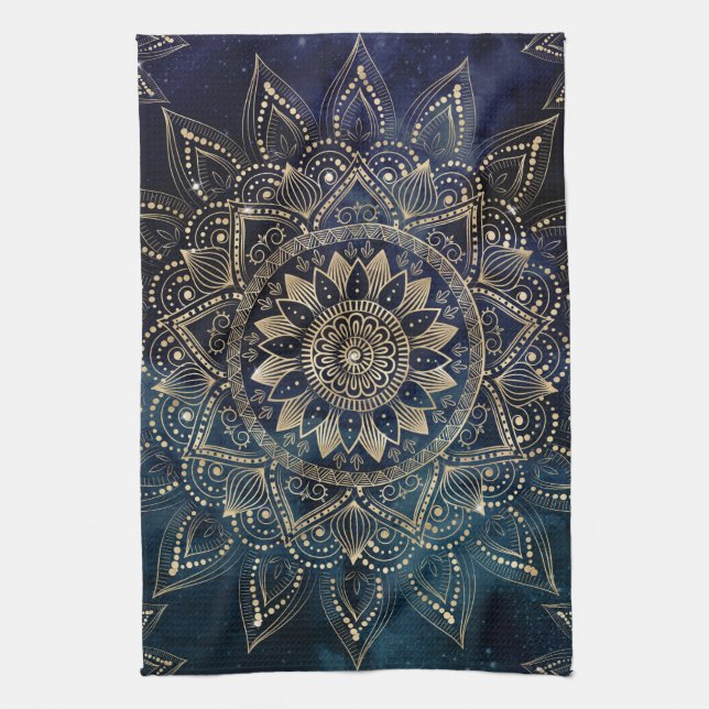 Elegant Gold Mandala Blue Galaxy Geschirrtuch (Vertikal)