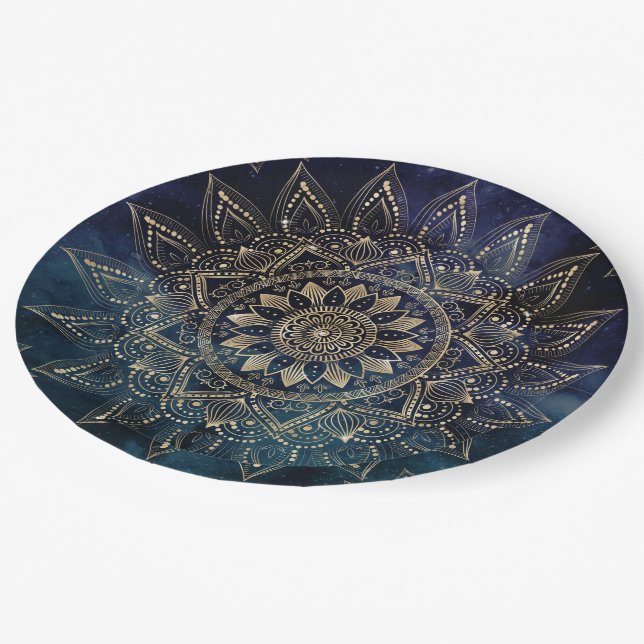 Elegant Gold Mandala Blue Galaxy Pappteller (Schrägansicht)