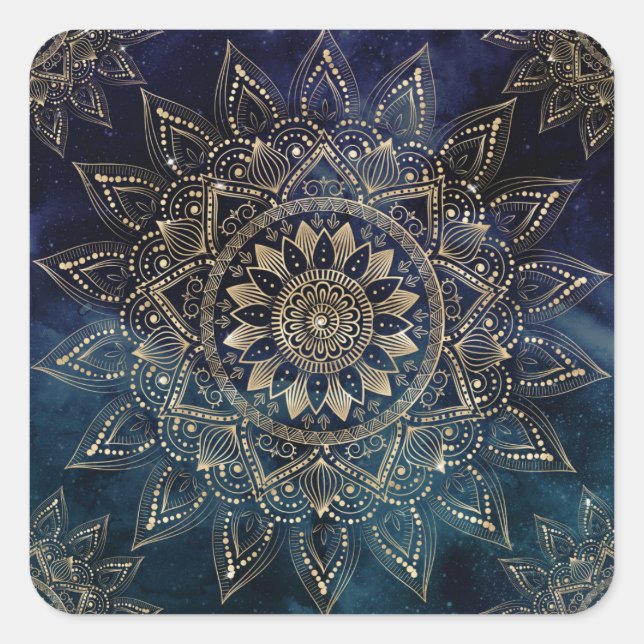 Elegant Gold Mandala Blue Galaxy Quadratischer Aufkleber (Vorderseite)