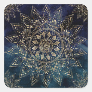 Elegant Gold Mandala Blue Galaxy Quadratischer Aufkleber